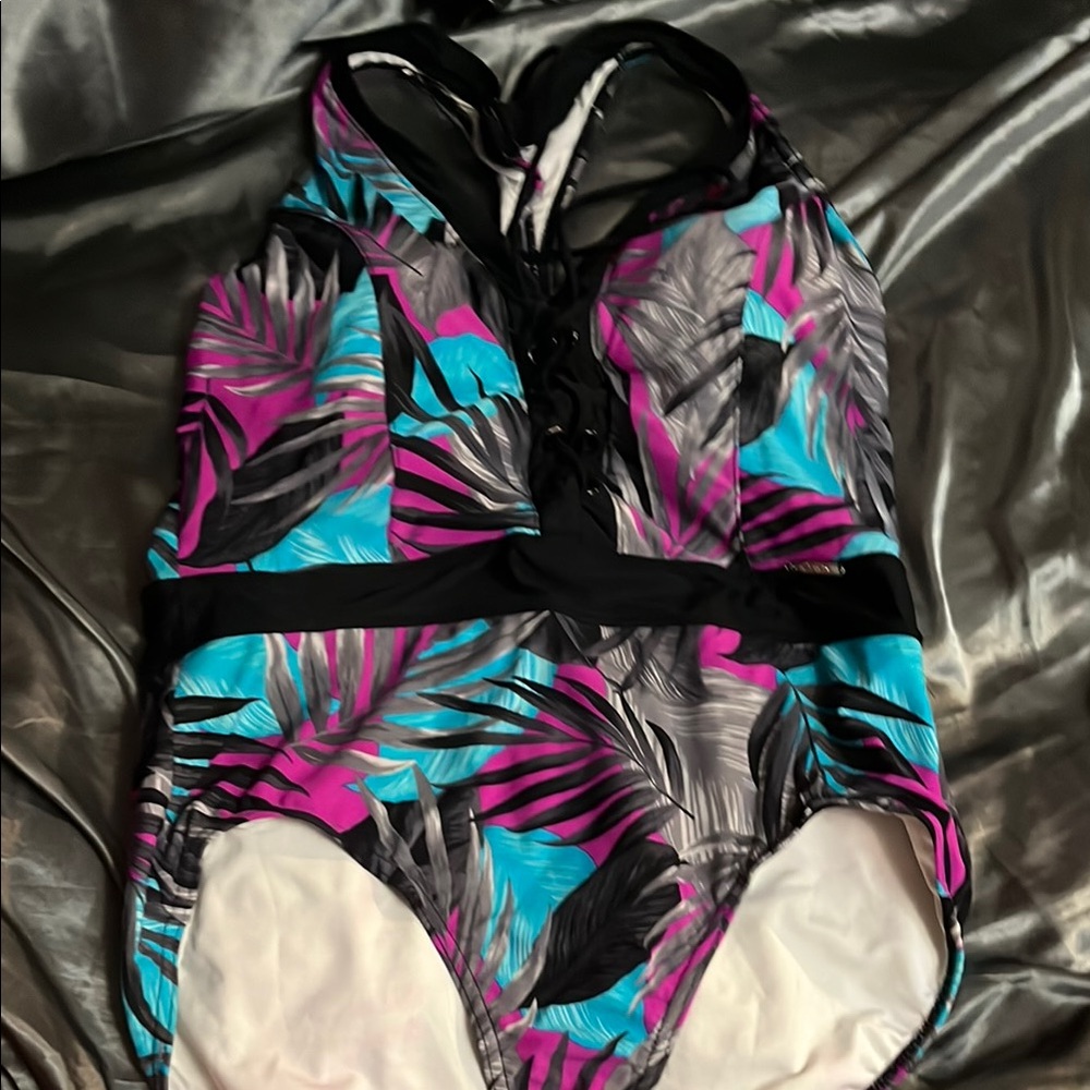 Pink and Blue One Piece Swimwear with Tropical Print